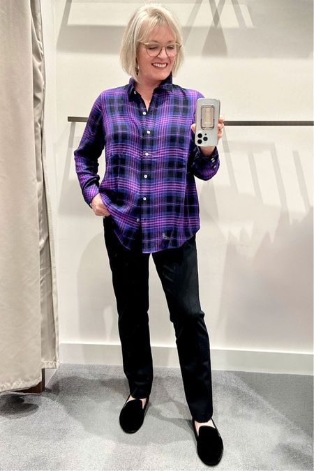 Sadly, this plaid tunic shirt appears sold out in this purple color, but it does come in a vibrant red as well. It’s a super soft rayon which drapes nicely, and is thin enough to be cozy, but not too hot. I would consider sizing down in this top. I’ve paired it with the pure Jill slim pants, which have a touch of spandex and makes them very comfortable while still elegant.

#JJill #JJillFashion #JJillWinterFashion #WinterOutfit #Fashion #Fashionover50 #Fashionover60 

#LTKsalealert #LTKstyletip #LTKSeasonal