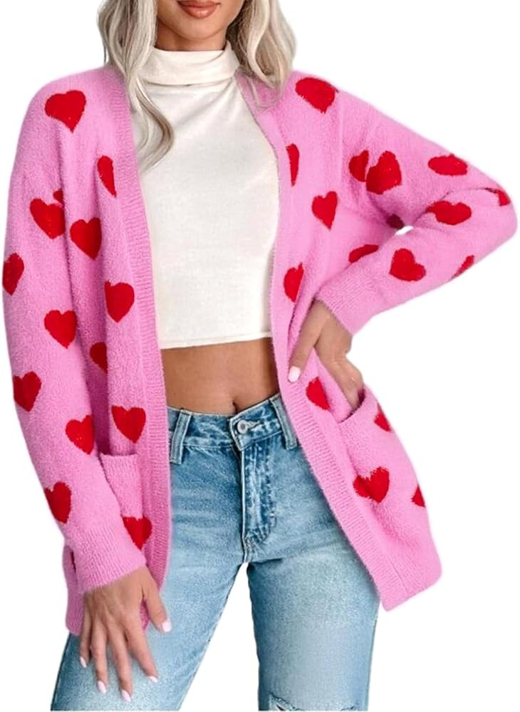 Women's Heart Knit Cardigan Valentines Long Sleeve Open Front Knitted Sweater Fall Spring Coat To... | Amazon (US)