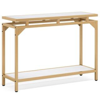BYBLIGHT Turrella 40 in. White and Gold Rectangle Wood Console Table, Marble Entryway Table with 2 T | The Home Depot
