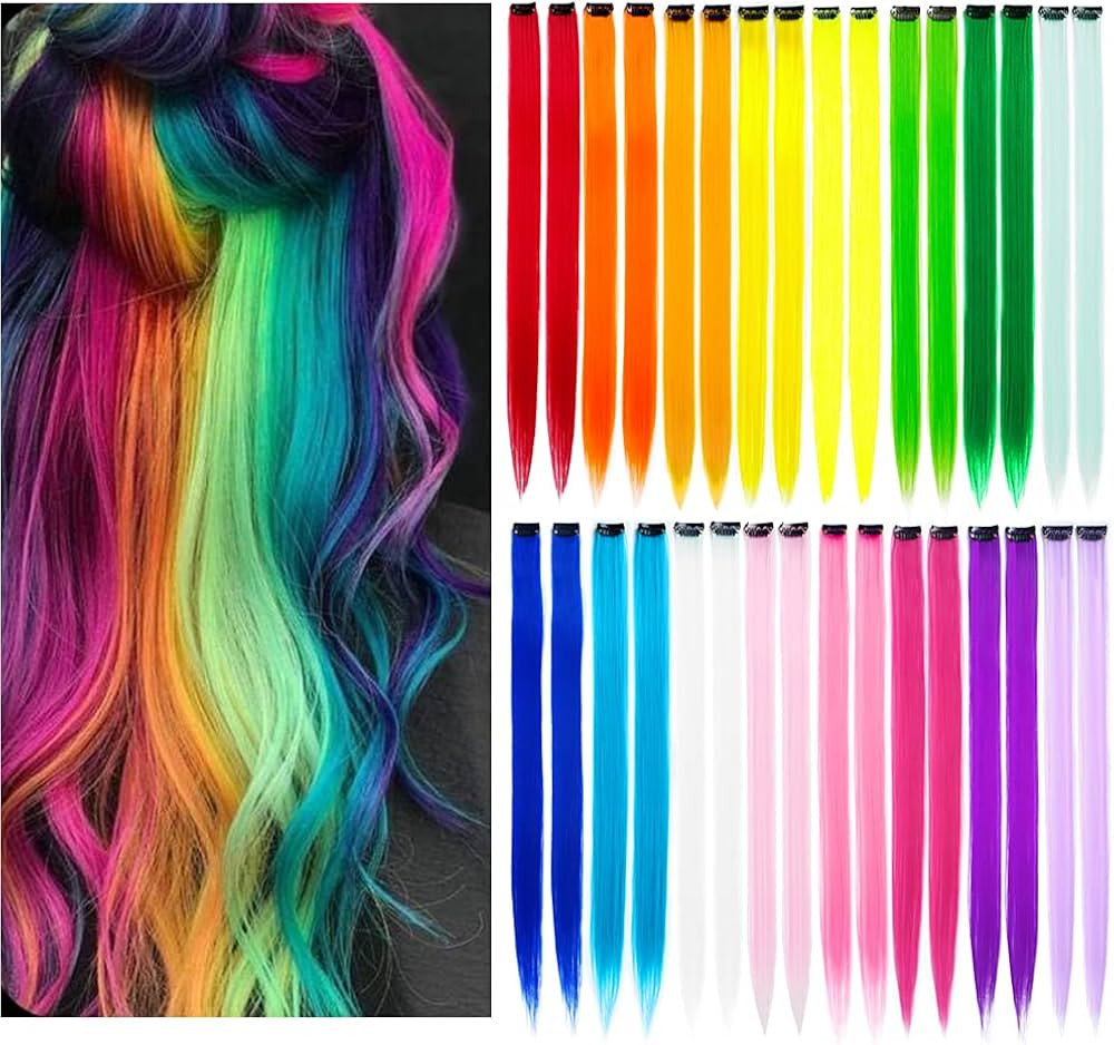 32Packs Colored Hair Extensions 20Inch Straight Color Clip in on Hair Extension Rainbow Party Hig... | Amazon (US)