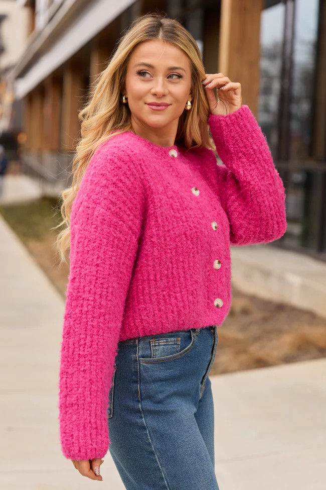 Taye Hot Pink Chunky Boucle Cardigan FINAL SALE | Pink Lily