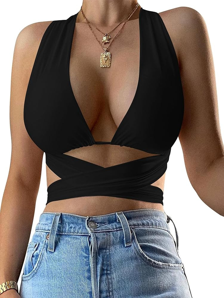 Kaximil Women's Sexy Sleeveless Halter Criss Cross Cami Lace Up Self Tie Tank Crop Tops, S-M, Bla... | Amazon (US)