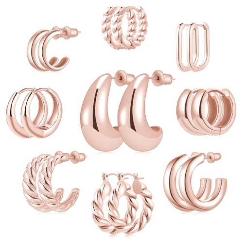 IDJEOABL Rose Gold Hoop Earrings for Women Non Tarnish Rose Gold Jewelry Earring Set for Women 14K Gold Plated Chunky Hoop Ball Earrings for Women Multipack | Amazon (US)