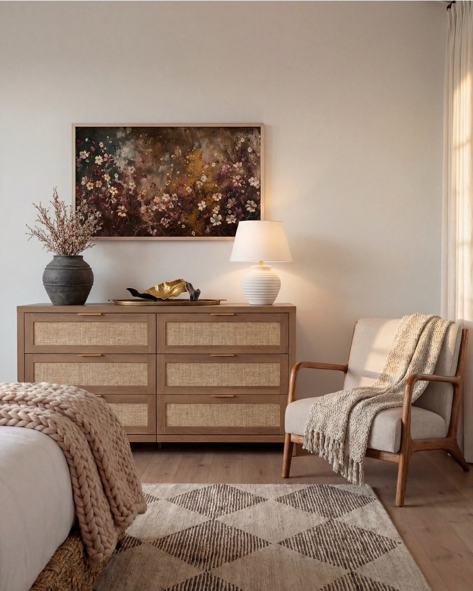 Shop the Look:
• Wood Woven rattan bed frame
• White upholstered mattress or box spring
• Black wood 3-drawer nightstands (set of 2)
• White duvet cover (hotel-style)
• White fitted sheet + pillow set
• Chunky knit throw blanket (beige or oatmeal)
• Neutral patterned accent pillow
• Brass globe wall sconces
• Cream ceramic table lamp with beige shade
• Large abstract landscape wall art (neutral tones)
•brown floral wall art
• Gold irregular curved scalloped wall mirrors
• Round woven knit poufs
• Neutral geometric or diamond area rug
• Large white ceramic vase
• Small decorative bowl (white or stone)
• Ivory linen curtain panels
•wood upholstered accent chair 
•black terracotta vase
•wood rattan dresser
•brass decor tray
•black leaf decor bowl 
•decor books

#LTKsale #LTKhome #LTKstyletip