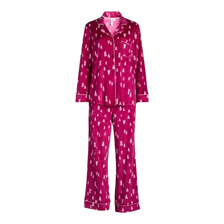 Joyspun Women's Tree Print Notch Collar Top and Pants Pajama Set, 2-Piece, Sizes S-2X | Walmart (US)
