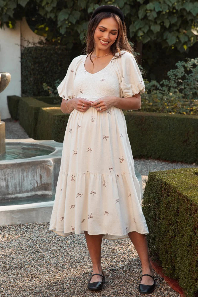 Cream Ribbon Print Smocked Maternity Midi Dress | PinkBlush Maternity