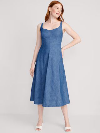Fit &amp; Flare Sleeveless Jean Midi Dress for Women | Old Navy (US)