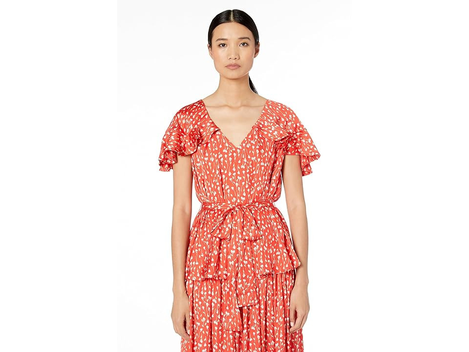 ML Monique Lhuillier Printed Top with Ruffled Sleeves Women's Clothing Cayenne : MD, Polyester | Zappos