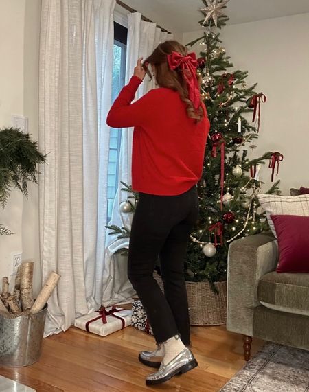My Christmas Day outfit was a red cashmere sweater, a red satin bow in my hair, black jeans and metallic  silver loafers

#LTKHoliday #LTKSeasonal #LTKparties