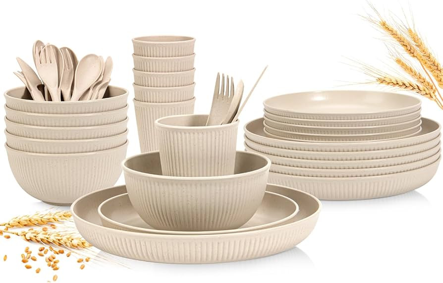 OAMCEG Wheat Straw Dinnerware Sets 30 Pcs, Plastic Dinnerware Set for Kitchen & Camping, Wheatstr... | Amazon (US)
