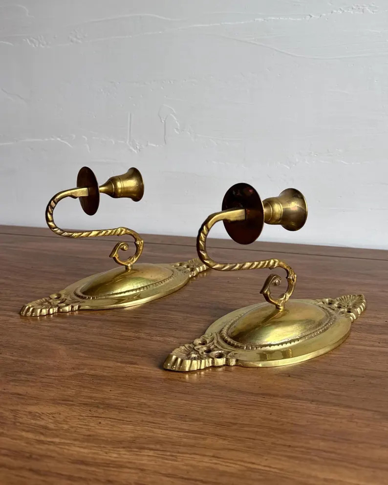 Vintage Pair Brass Ornate Candlestick Wall Sconce | Etsy (Global)