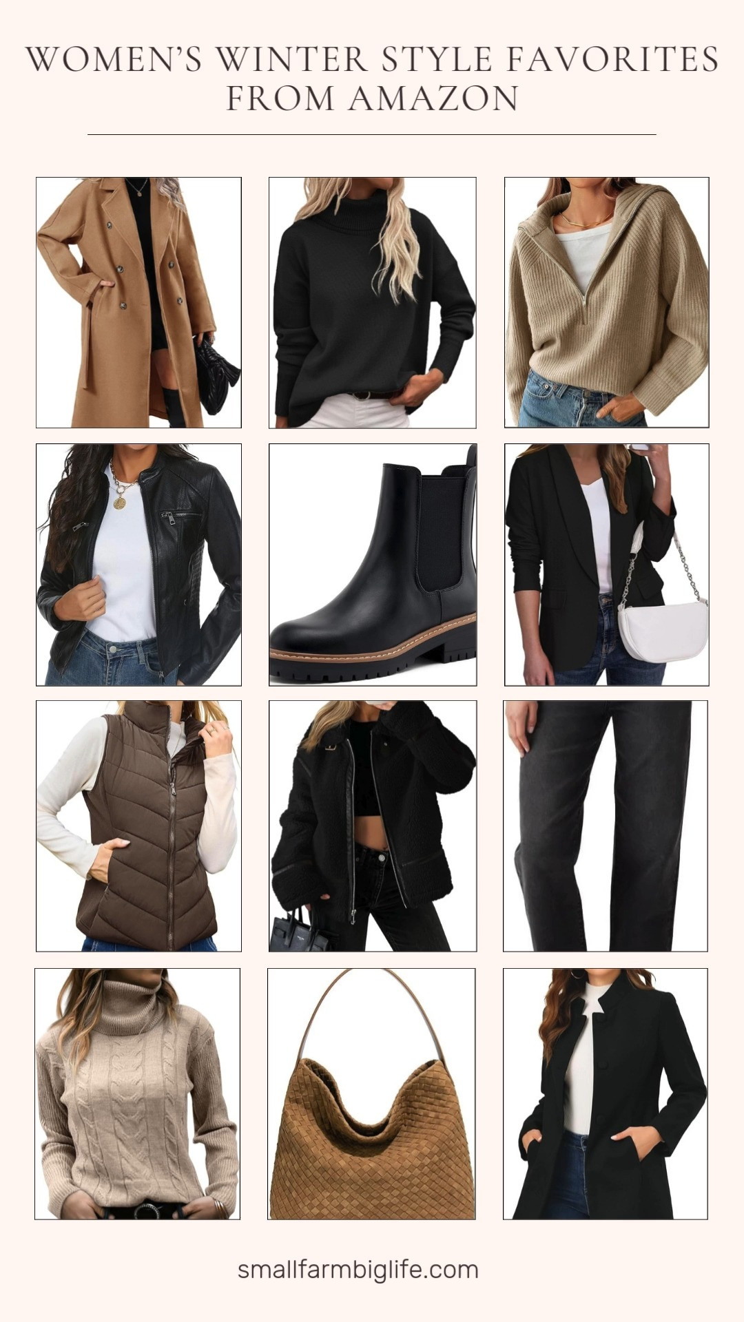 Amazon women’s winter style favorites ❄️🖤 From a double breasted wool coat and cozy turtleneck sweaters to a black blazer, black jeans, and Chelsea ankle boots, these are the versatile pieces I wear on repeat. Finished with a brown puffer vest, motorcycle jacket, and woven bag for easy everyday layering that never goes out of style. 

 #LTKOver40 #LTKFindsUnder100 #LTKWorkwear