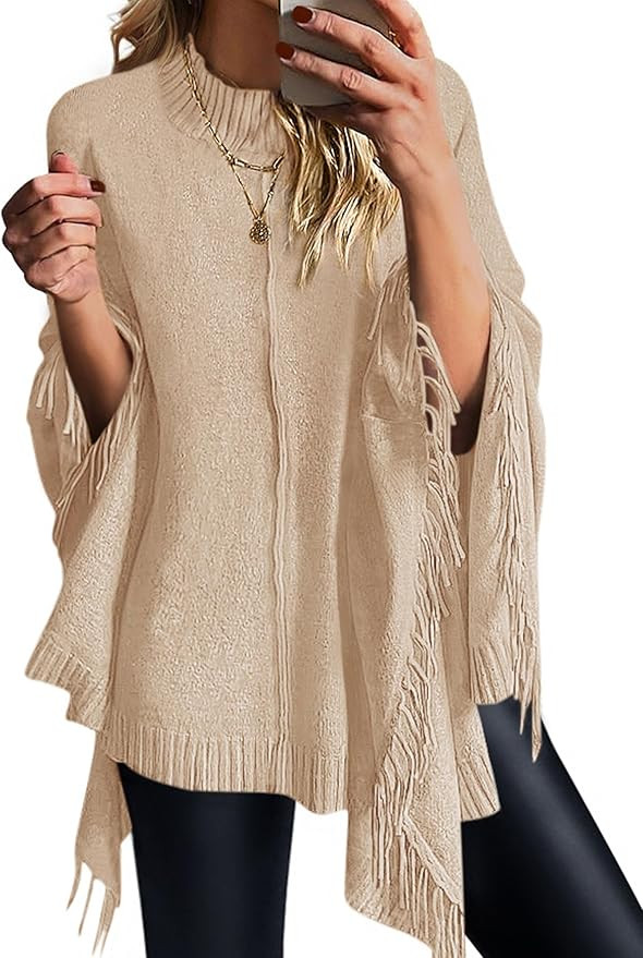 PRETTYGARDEN Women's 2025 Fall Winter Poncho Sweaters Trendy Chunky Knit Fringe Shawls Wraps Pull... | Amazon (US)