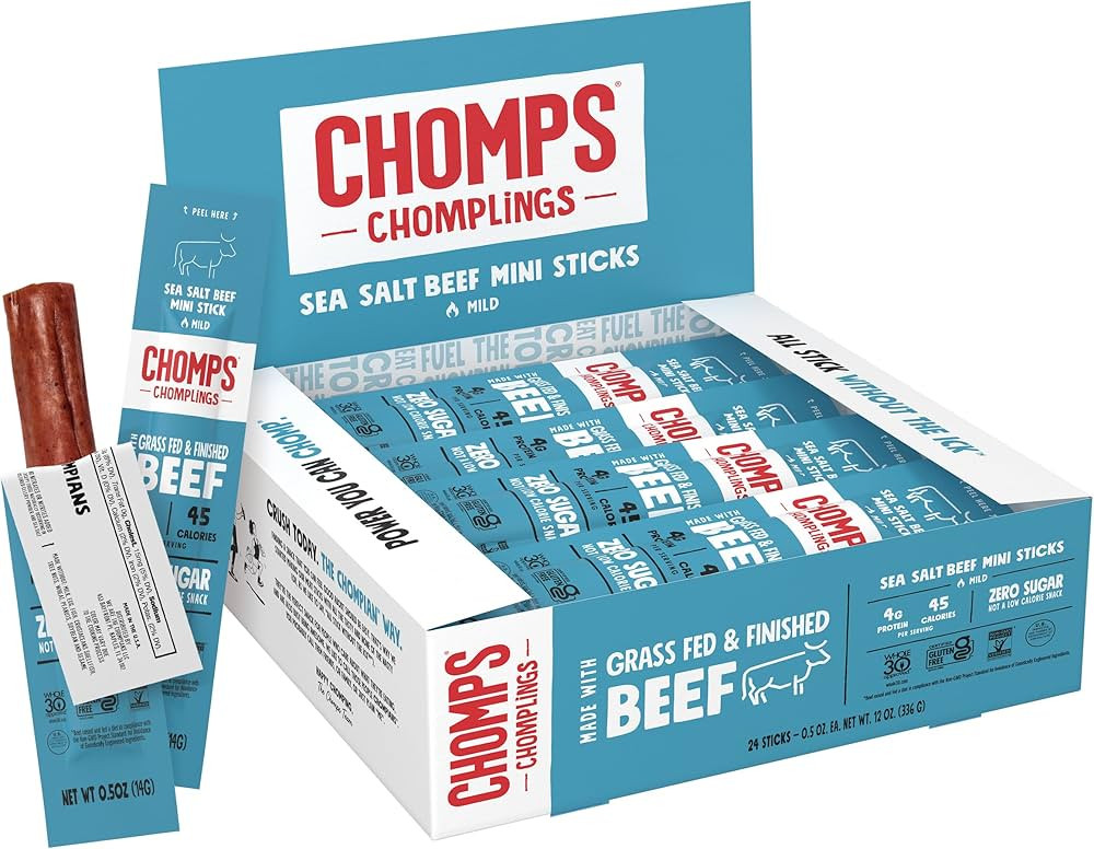 Chomps Snack Size Grass-Fed and Finished Sea Salt Beef Jerky Snack Sticks 0.5oz 24-Pack - Keto, P... | Amazon (US)