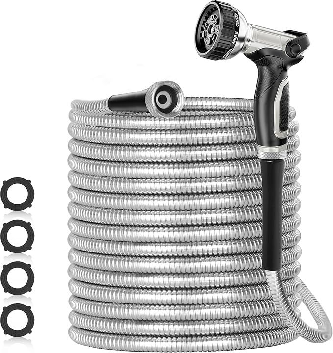 50ft 304 Stainless Steel Garden Hose Metal, Heavy Duty Water Hoses with Nozzles for Yard, Outdoor... | Amazon (US)