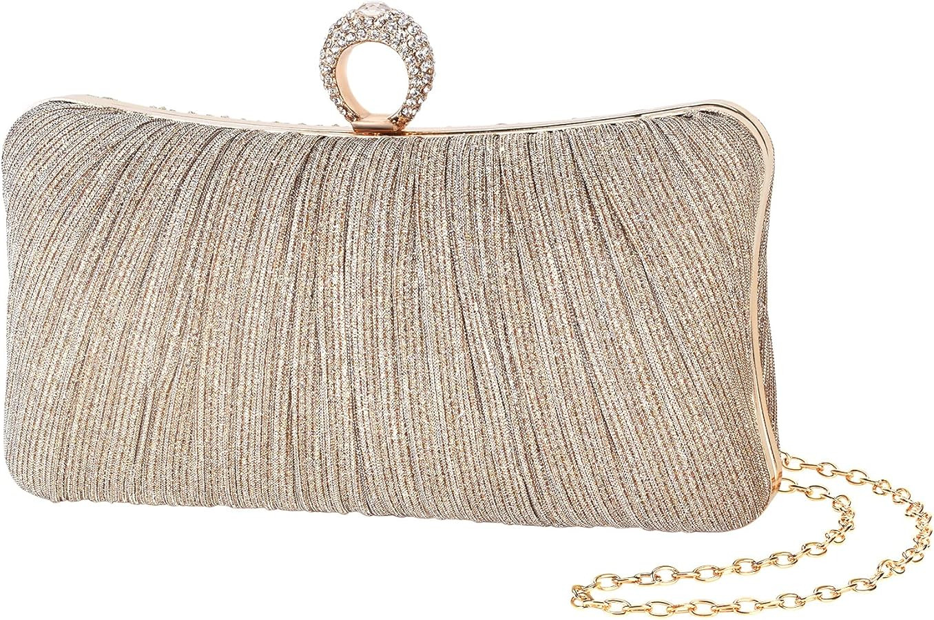 iWISH Womens Golden Glitter Clutch Purse Pleated Evening Bag for Bridal Wedding Party with Rhines... | Amazon (US)