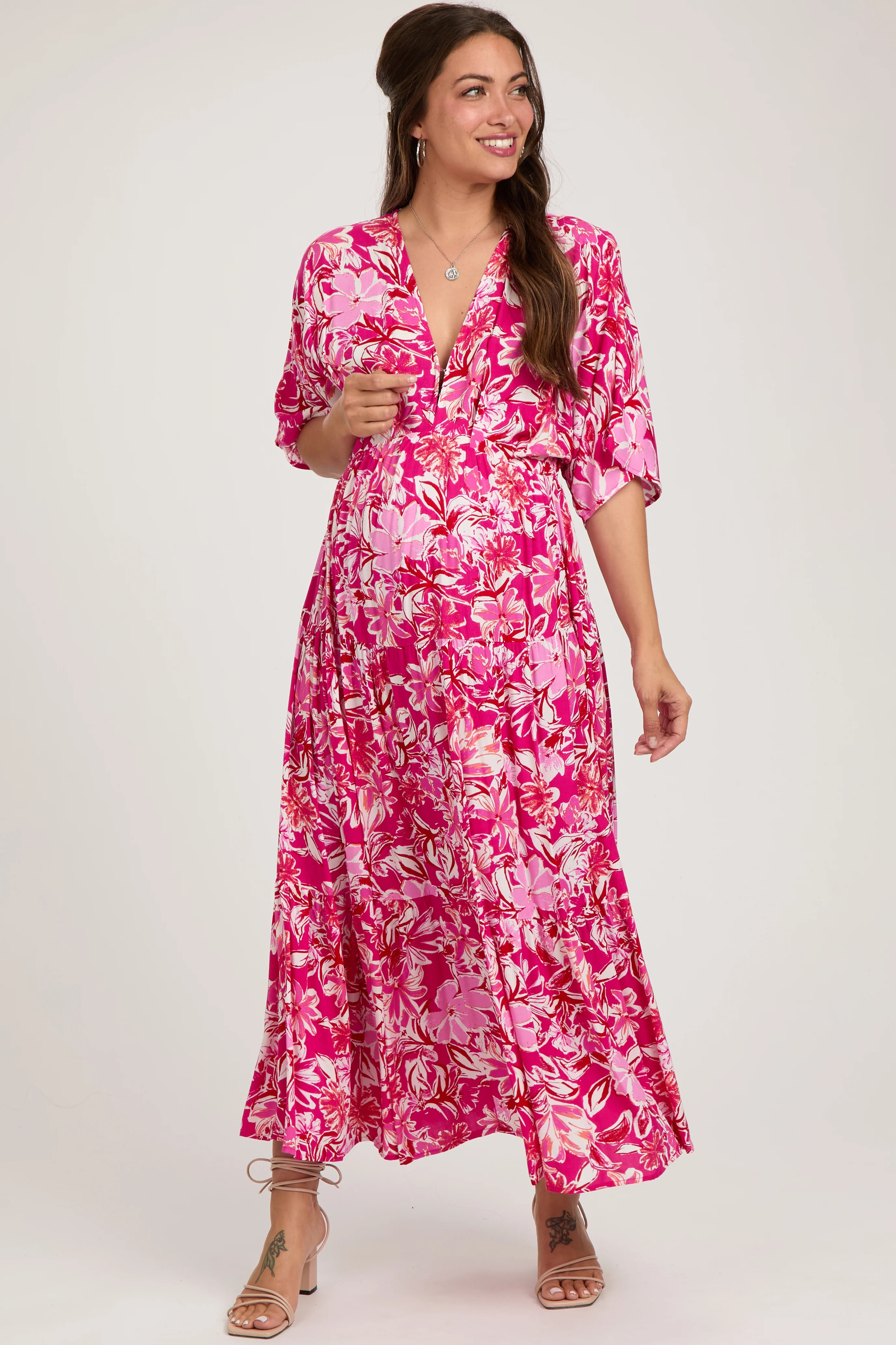 Fuchsia Floral Dolman Sleeve Tiered Maternity Maxi Dress | PinkBlush Maternity