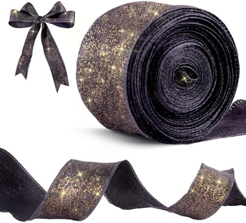 1-1/2 Inch Black Glitter Laser Wired Edge Ribbon, 5 Yd x 1 Rolls Single Face Glossy Shimmery Chif... | Amazon (US)