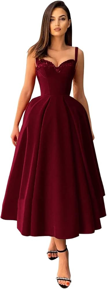 Jorshiman Spaghetti Straps Velvet Prom Dresses Tea Length V Neck Formal Evening Party Gowns A-Lin... | Amazon (US)