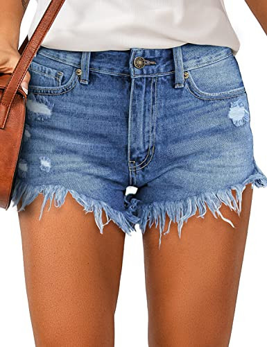 luvamia Women Casual High Waisted Denim Shorts Frayed Raw Hem Ripped Jeans Shorts Blue Size Large Fits US 12-14 | Amazon (US)