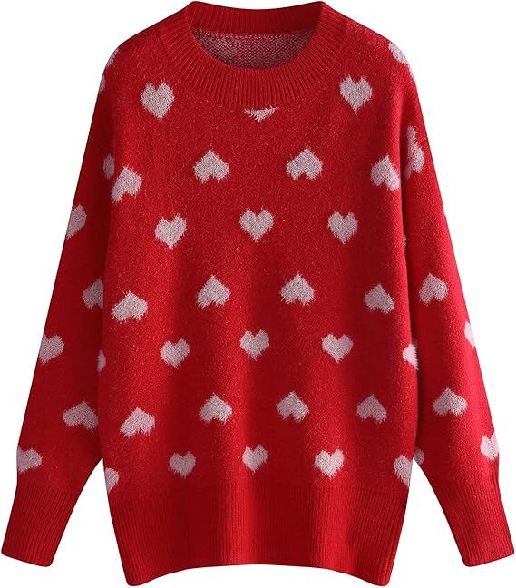 Arssm Women's Heart Print Sweater Casual Loose Crew Neck Long Sleeve Cute Pullover Knitted Sweate... | Amazon (US)