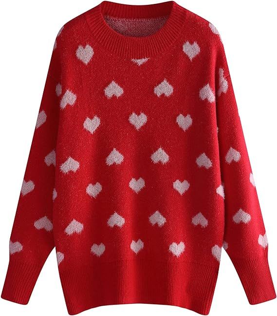 Arssm Women's Heart Print Sweater Casual Loose Crew Neck Long Sleeve Cute Pullover Knitted Sweate... | Amazon (US)