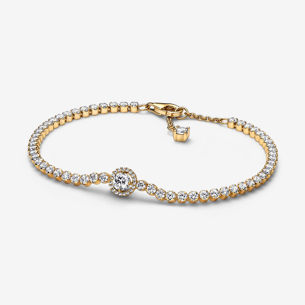 Pandora Sparkling Halo Tennis Bracelet - 14k Gold-plated unique metal blend / Cubic Zirconia / Clear - Sz. 7.9 in | Pandora US