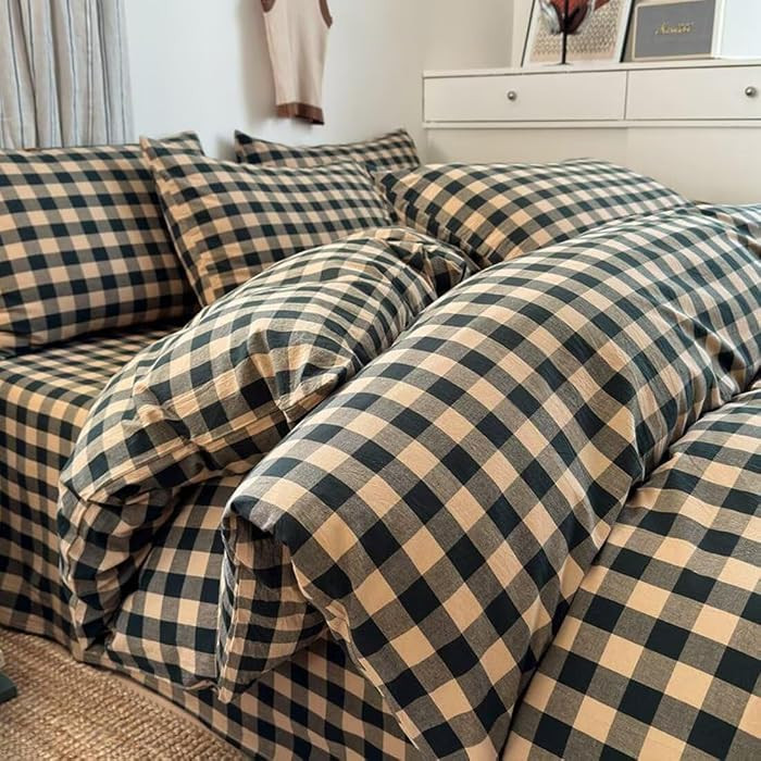 PinkMemory Green Gingham Duvet Cover King 100% Washed Cotton Beige Plaid Checkered Duvet Cover Se... | Amazon (US)
