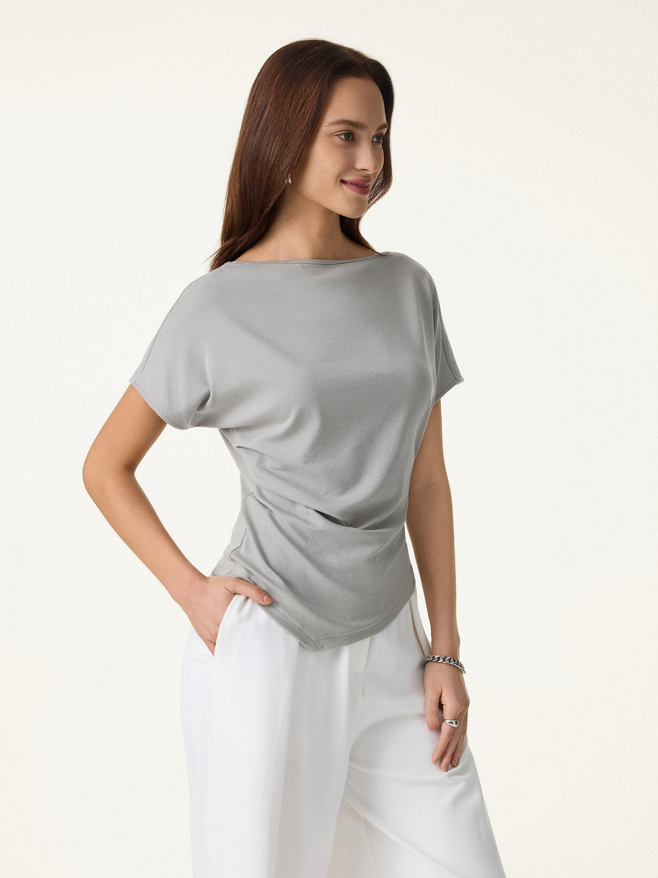 Cotton Lyocell Boatneck Angled Summer Tee | OGLmove