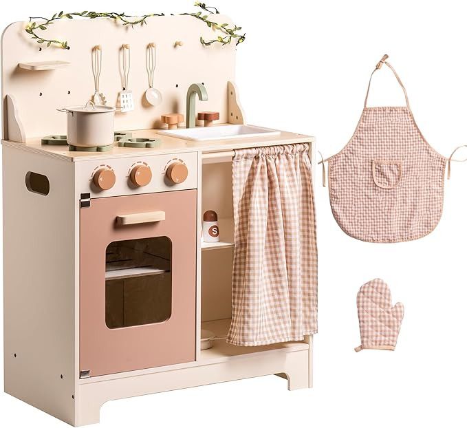 ROBOTIME Wooden Play Kitchen, Kids Toy Kitchen with Apron, Glove and Curtain, Children Kitchen wi... | Amazon (UK)