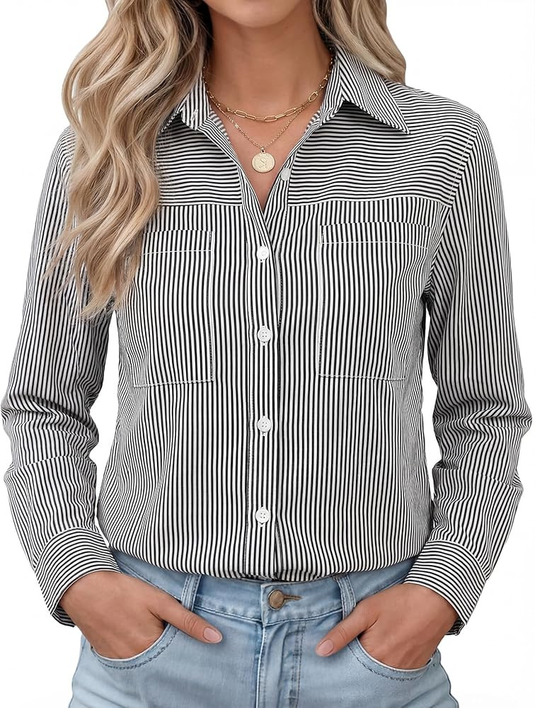 Kistore Womens Button Down Shirts Striped Linen Long Sleeve Blouses Business Casual Office Work T... | Amazon (US)