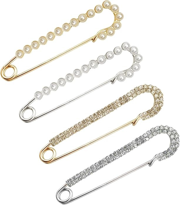 4pcs Brooche Pins, Sweater Shawl Hat Clips Decorative Safety Pins for Clothes Faux Crystal Pearl ... | Amazon (US)