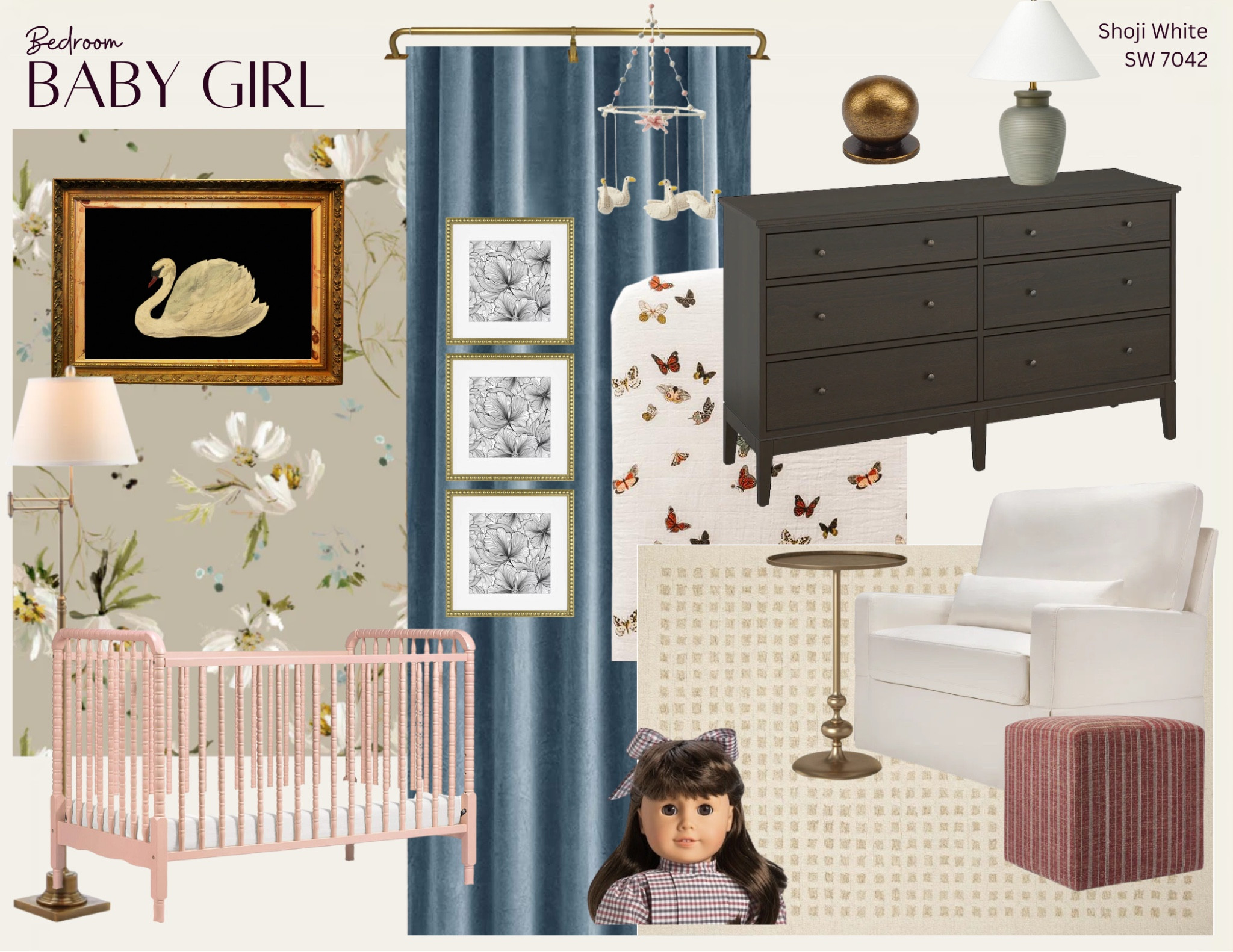 Baby girl nursery inspiration board. My goal was for this room to grow with her. The mix of colors and textures make this room so happy! The pink crib and blue velvet curtains hit just right 🤗

#LTKbaby #LTKbump #LTKhome