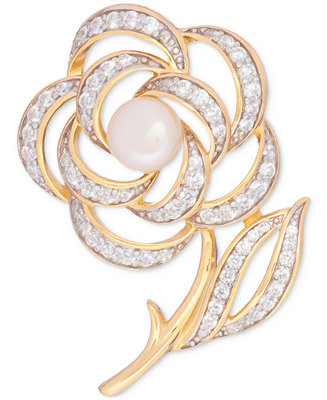 Cultured Freshwater Pearl (6-1/2mm) & Cubic Zirconia Flower & Stem Pin in 18k Gold-Plated Sterlin... | Macy's
