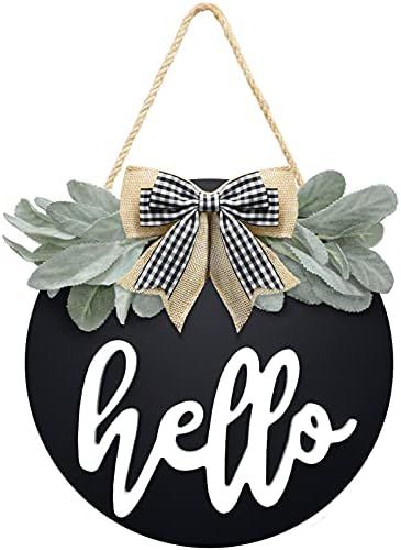 Welcome Hello Door Sign for Front Door Farmhouse Decor with Premium Greenery and Bow- Wooden Hell... | Amazon (US)