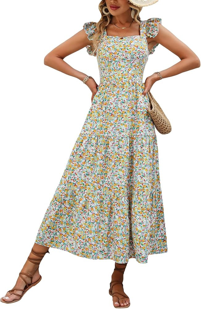 MakeMeChic Women's Ditsy Floral Ruffle Trim Sleeveless Tiered A Line Long Dress Smocked Summer Dr... | Amazon (US)