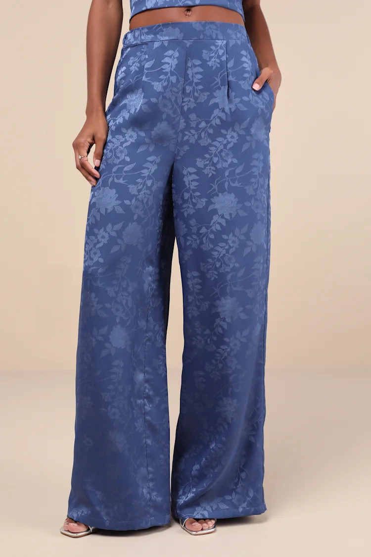 Significant Elegance Dark Blue Floral Jacquard High-Rise Pants | Lulus