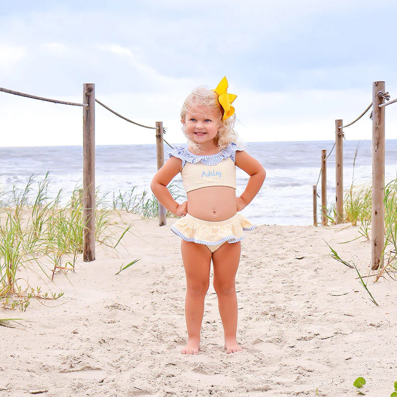 Santorini Yellow & Blue Stripe Seersucker Two Piece Swimsuit | Classic Whimsy