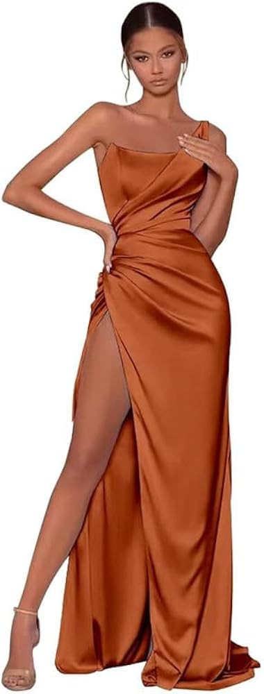 LNBEDFTG One Shoulder Satin Bridesmaid Dresses with High Slit Pleated Prom Dress Formal Evening G... | Amazon (US)