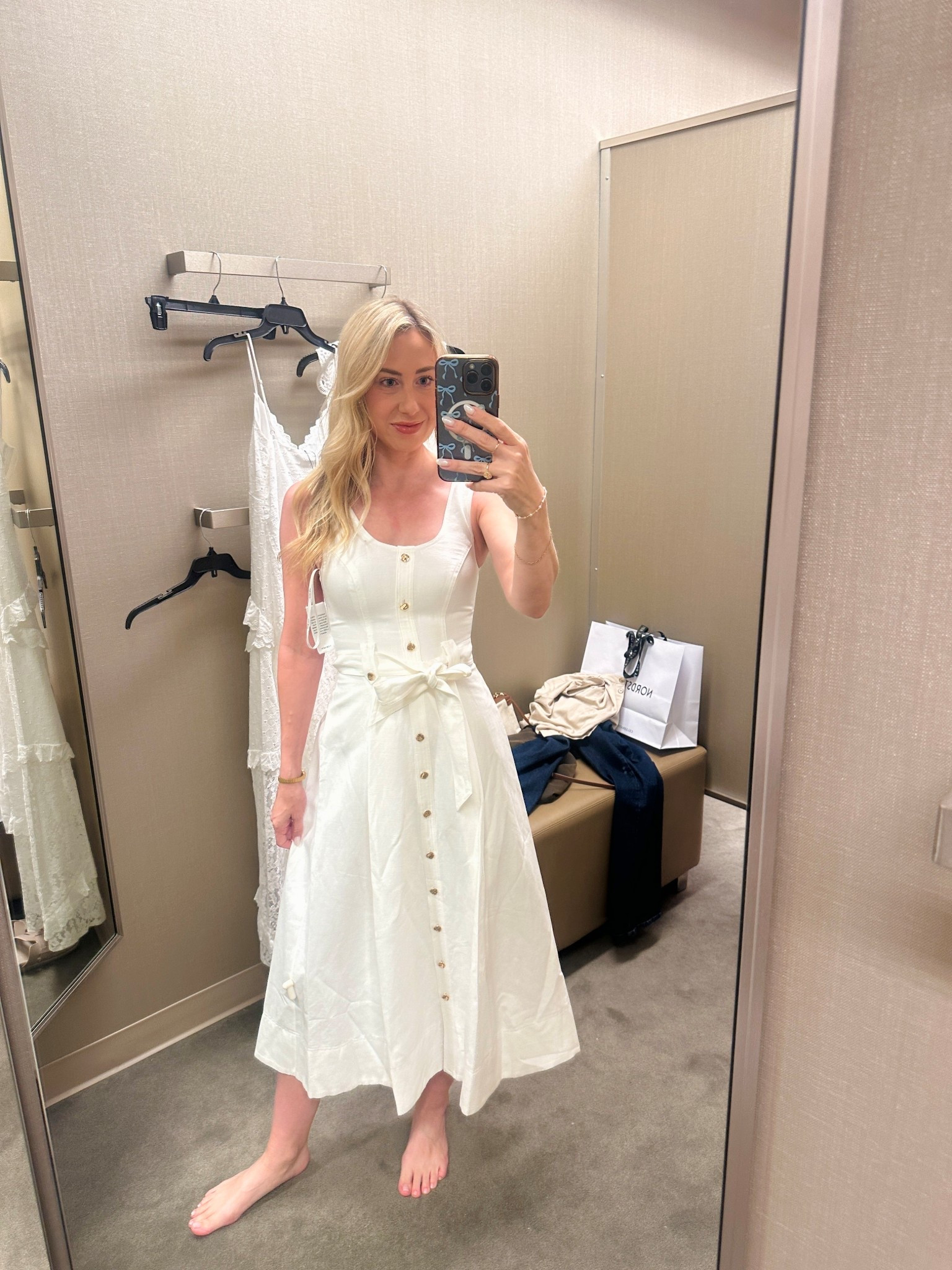 This belted dress was very chic! The gold button details were amazing. I am wearing size 0 for reference! #whitedress #bridaldress 

#LTKdayinmylife #LTKootd #LTKWedding