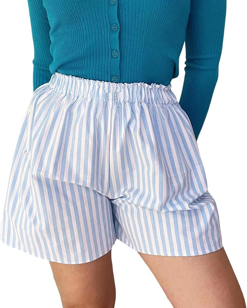 Women Y2k Pajama Shorts Elastic High Waist Baggy Gingham Boxer Shorts Cute Striped Plaid Lounge B... | Amazon (US)