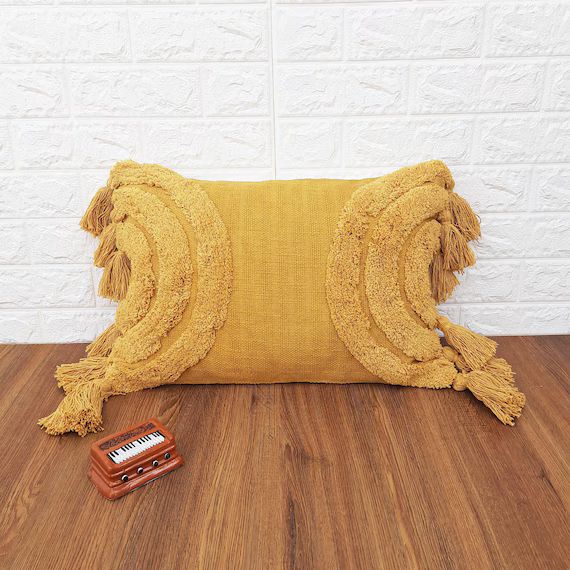 Mustard Yellow Tufted Boho Textured Pillow Case With Tassels | Etsy | Etsy (US)