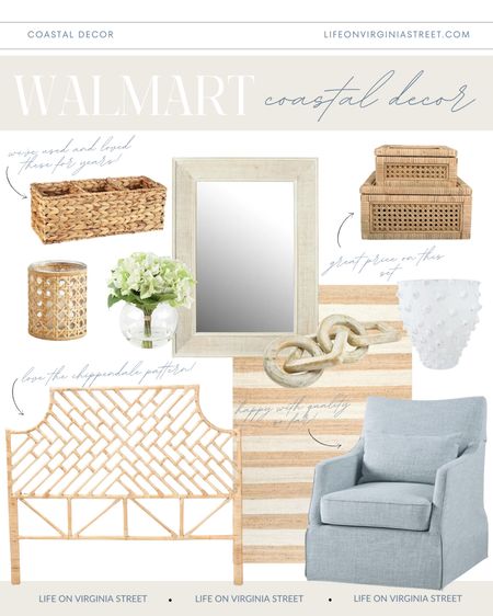 Legitimately obsessed with all of these new coastal home decor finds from @walmart! #walmartpartner I love everything from the seagrass tank basket,  white washed rattan mirror, cane boxes, striped jute rug, blue gray upholstered swivel chair, rattan chippendale headboard, faux hydrangea, white circle dot vase and so much more! 
.
#walmarthome #walmart #ltkhome #ltkfindsunder50 #ltkfindsunder100 #ltkstyletip #ltkseasonal coastal decorating, grandmillennial decor finds, coastal grand decor

#LTKhome #LTKsalealert #LTKSeasonal