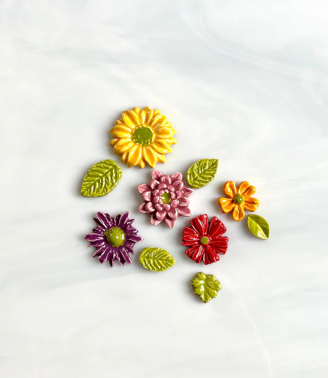 Ceramic Flower and Leaf Tile Set, 10pcs, Bright and Colorful, Variety Flowers and Leaves, Mosaics... | Etsy (US)