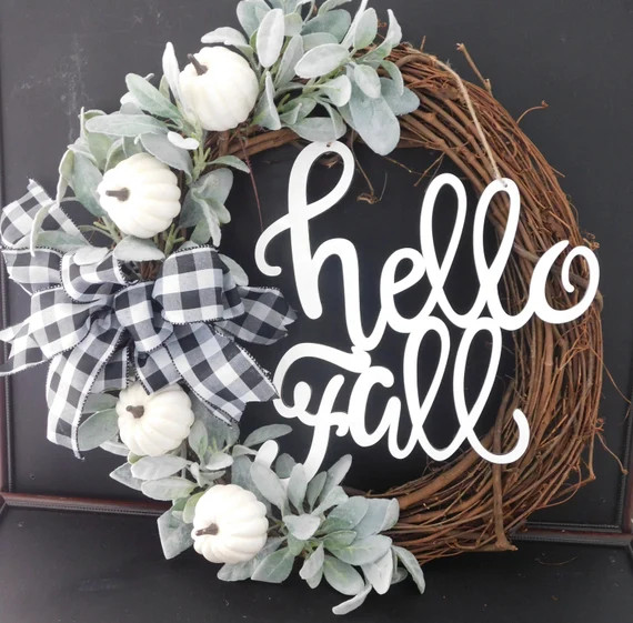 Hello Fall Farmhouse White Pumpkin Buffalo Check Bow Lambs Ear Wreath Door Hanger | Etsy (US)