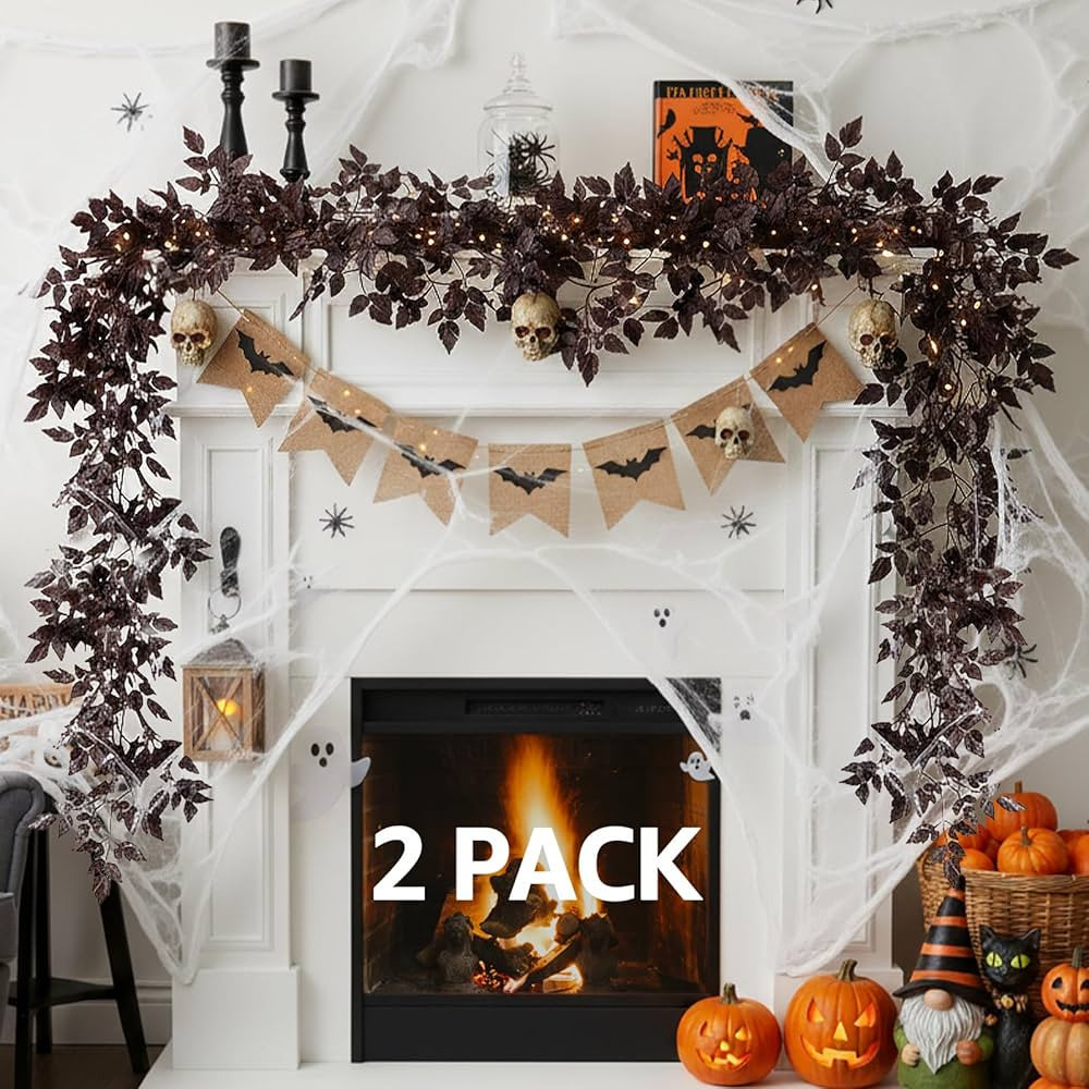 Neutral Fall Garland for Mantle - 2 Pack 9Ft Plum Cimicifuga Seeded Leaf Garlands Purple Autumn D... | Amazon (US)