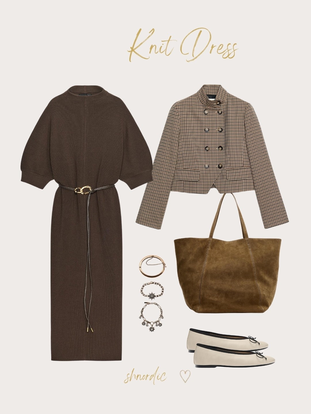 Zara belted knit dress outfit for autumn 2026. This long brown knit dress is easy to style with sand brown suede deck loafers and a moss green maxi tote. Layer on a pack of star charm bracelets in aged gold. It's an effortless knitwear outfit idea for cold days. Shop the look below.