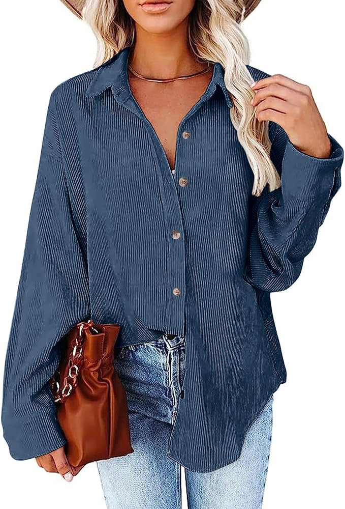 Womens Corduroy Button Down Shirts Long Sleeve Oversized Boyfriend Casual Blouses Tops | Amazon (US)