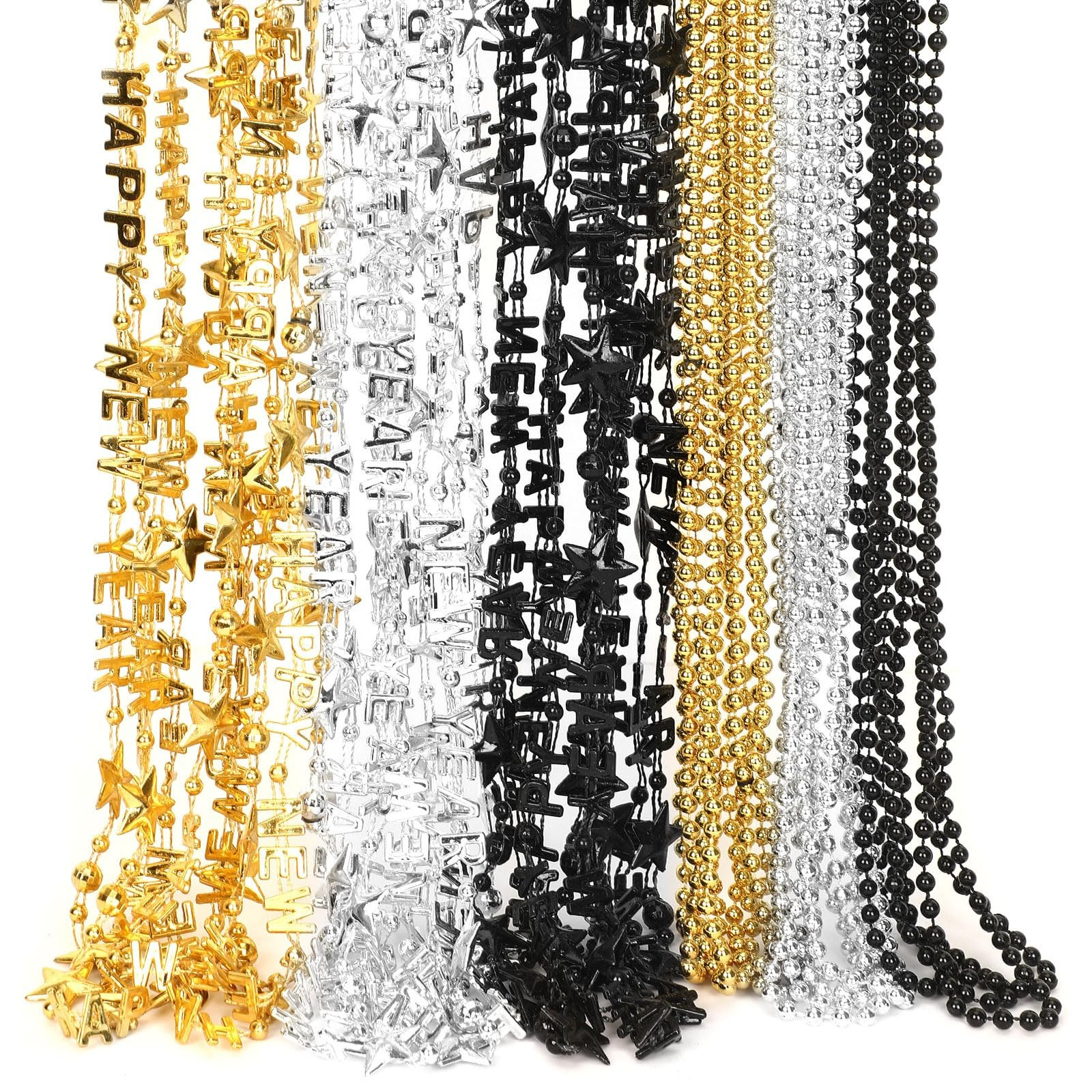 JULBEAR 30 pcs Happy New Year Beads Necklaces, Black Silver Gold New Year Metallic Beaded Necklac... | Amazon (US)