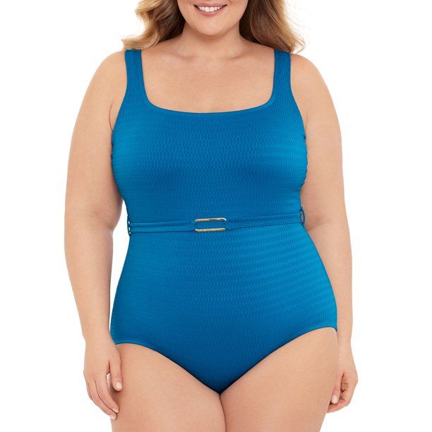 Time and Tru Women’s and Women's Plus Smocked Belted One Piece Swimsuit - Walmart.com | Walmart (US)